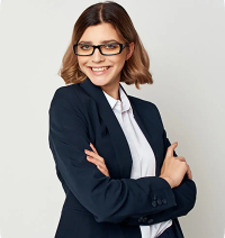 a smiling woman wearing eyeglasses