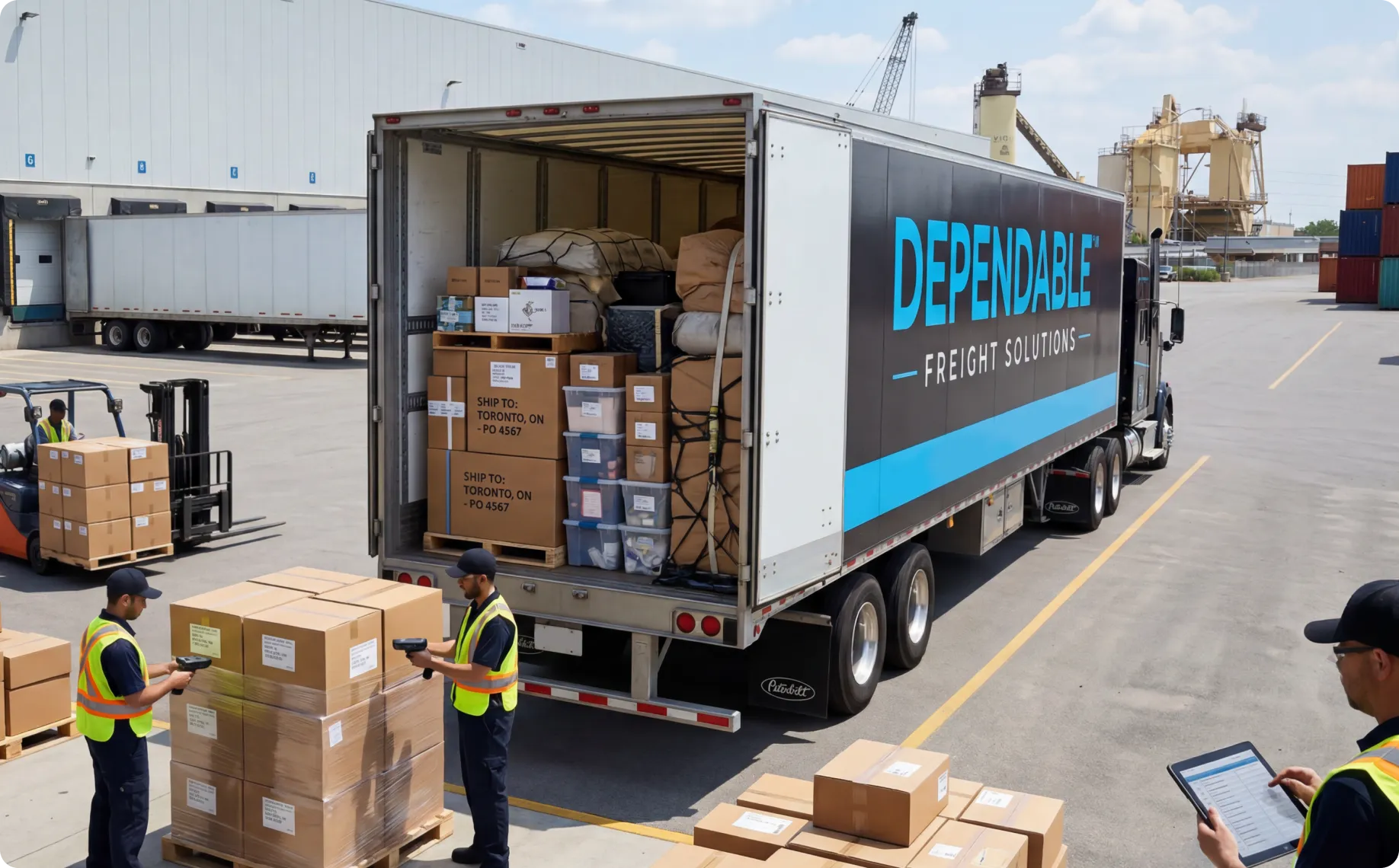 a black freight truck is being loaded
