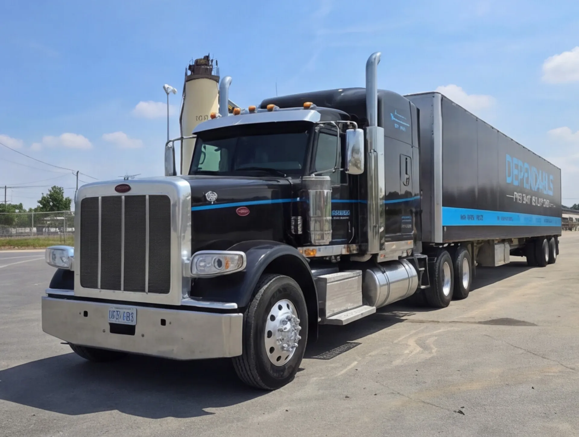 a black freight truck parked on the road